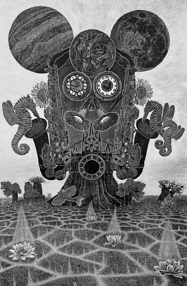 Ade Adesina black and white print showing a face-like structure of clocks, planets, winged seahorses drinking nectar from saxophones like colibri.