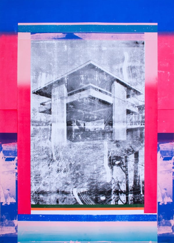 Angus Vasili semi-abstracted landscape of a black and white house, against a polarised pink and blue border