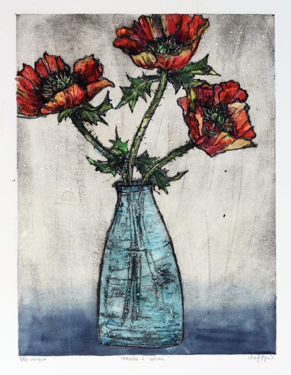 Vicky Oldfield collagraph print of a bunch of three red poppies in an empty glass bottle