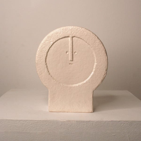 Peter Slight ceramic bust with circular head and abstracted face in eggshell white