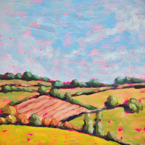 Belinda Millar acrylic on canvas painting of the Chilterns in Oxfordshire, showing the rolling hills in colours greens, golds and pinks in a ladnscape orientation.