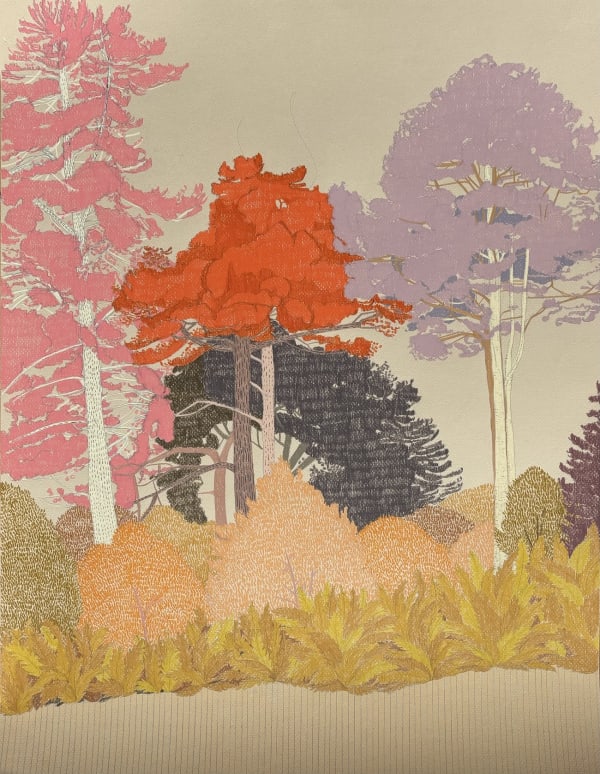 Clare Halifax pencil drawing on coloured paper of trees and a footpath in orange, green, purple and pink