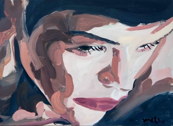 Veronica Wells painting of a portrait close up, showing a female face with dark hair looking towards the bottom left hand of the corner