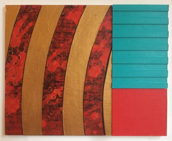Mark Haddon acrylic piece with 3 sections, the first a 3-dimensional section with diagonally curved gold vertical lines on a speckled red background, the second a teal 3 dimensional piece with 3-dimensional horizontal lines, and the third showing a smooth