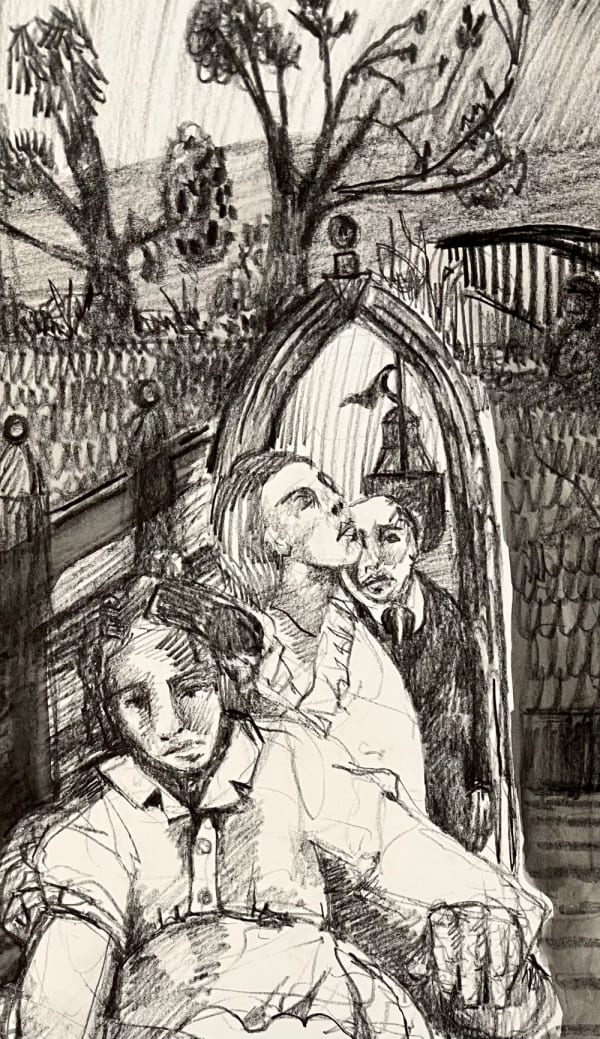 Charlie O'Sullivan pencil drawing of three figures emerging from a gated garden