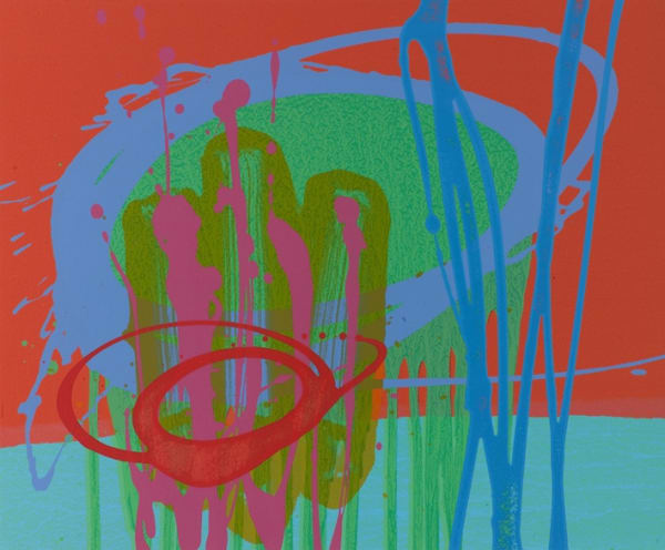 Charlotte Cornish abstract silkscreen in reds with blue and green lines and circles