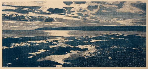 Trevor Price woodcut landscape print detailing a Cornish coastal view with sunshine, in navy