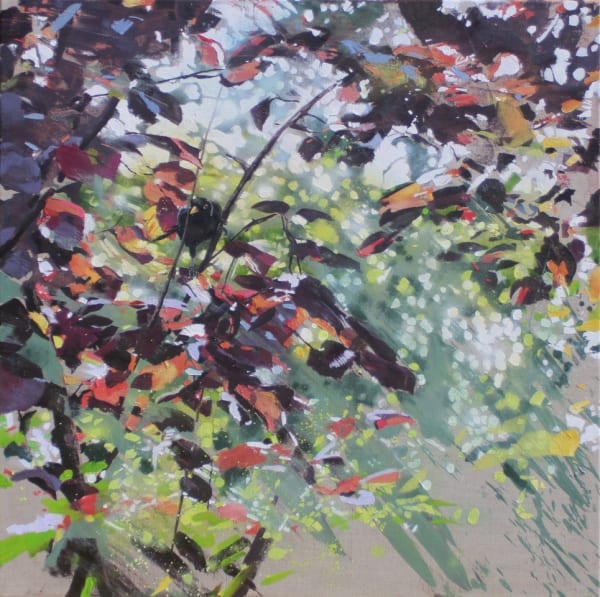 James Fotheringhame oil painting piece, showing a black bird central to the view perched on a branch amongst deep purple, pink and green leaves against a pale blue sky.