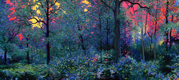 Jim Whitty woodland sunset scene, a deep pink sun sets behind the trees at dusk