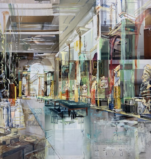 Alison Pullen collage painting of a grand classical sculpture gallery, highly polish floor and dramatic red and green wall colouring