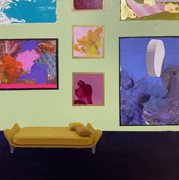A painting of an interior by Dawn Beckles with a dark floor in the foreground with a yellow chaise lounge sofa placed by a pistachio green wall, abstract in vivid colours on display.