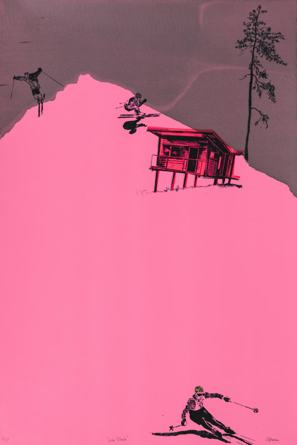 Anna Marrow screenprint of a mountain scene with ski chalet and skier in pinks