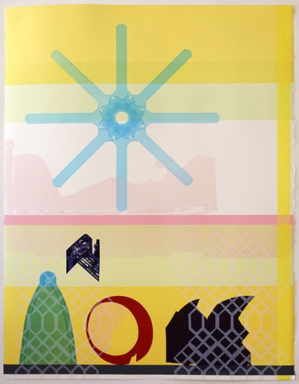 Claire Willberg relief print showing silhouettes of various objects found in Discover Bucks Museum, all displayed on a shelving unit. Printed in colours of yellow, red, black, green and pink.