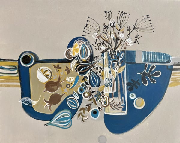 Marissa Weatherhead abstract painting of a tabel composed with an array of fruits, flowers and glasses in blues, yellow and greys
