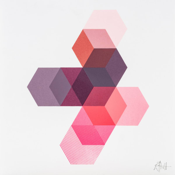 Emma Studd print exploring the relationship between translucent colour and the hexagon - a path of hexagons overlap one another creating new colours and forms from the shape. Colours include deep purples, pinks, reds and oranges.