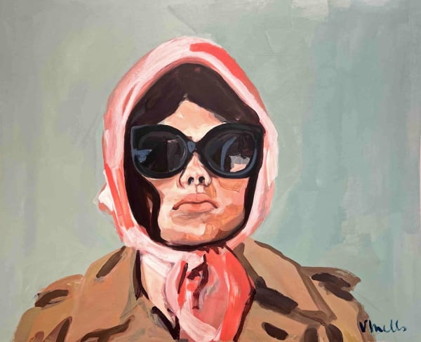 Veronica Wells figurative portrait painting of women wearing bug eye sunglasses, a pink head scarf and beige mac style coat while she faces the viewer directly. The background is painted a duck egg blue.