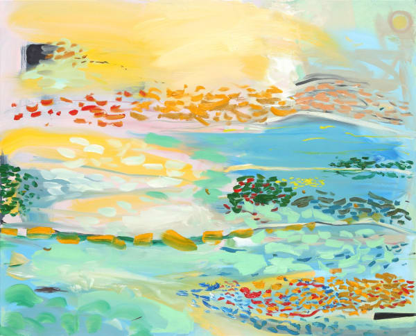 Henrietta Dubrey abstract painting, composed with a variety of mark making across the canvas taking shape in to pond like forms, in blues, pinks, oranges, yellows, reds, and greens