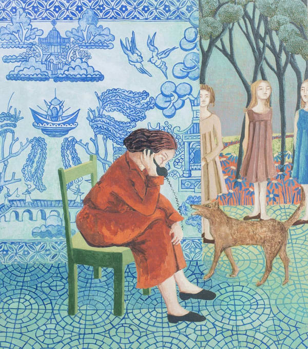 A woman is seated on a chair speaking on the telephone, a dog yapping at her feet. A chinoiserie wall in blue and white is behind her and on the right are 3 girls in front of a mural-like view of a meadow.