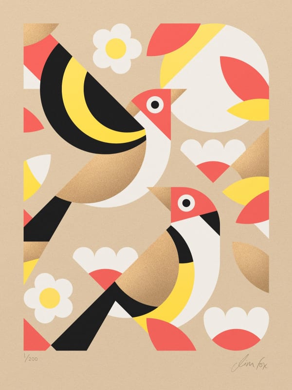 Jim Fox silkscreen print of two goldfinches, with abstracted shapes in red, yellow, gold and black.