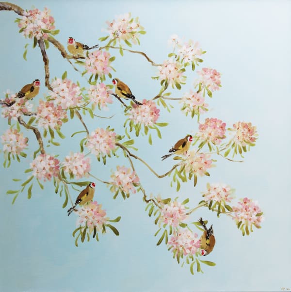 Fletcher Prentice oil painting on canvas. A bloomed branch of pink Blossom is accompanied by six Goldfinches perching amongst it's stems. The background is a pale sky blue.
