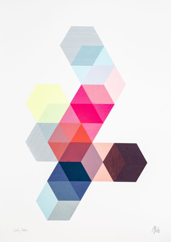 Emma Studd print exploring the relationship between translucent colour and the hexagon - a path of hexagons overlap one another creating new colours and forms from the shape. Colours include pinks, oranges, maroons and lime greens.