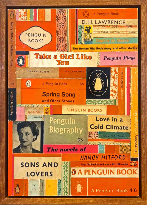 Emma Davis mixed media collage pieces composed of several book covers, in tile-like patterns with a variety of imagery and text. Colours are oranges, pinks, blacks and greens