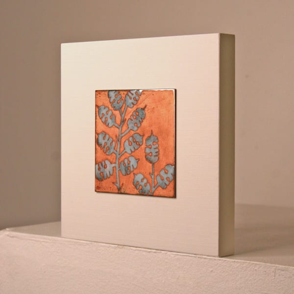 Janine Partington wooden panel with copper plate and vitreous enamel design of foliage
