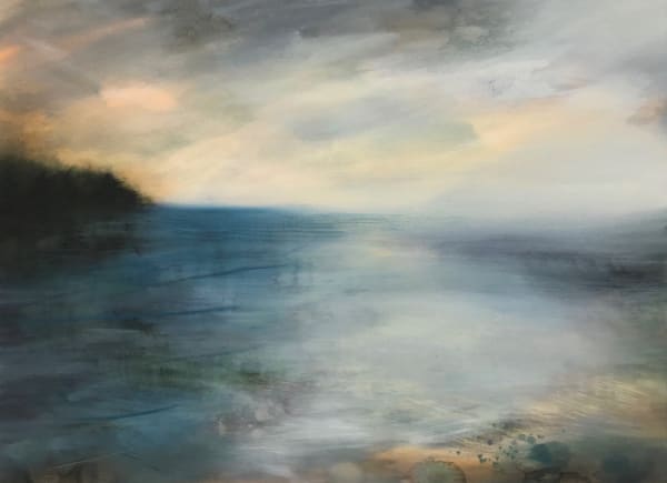 Amy Albright coastal scene in blues, greys and browns, with a warm glow on the horizon