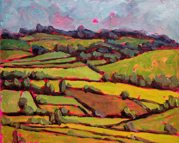 Belinda Millar acrylic on canvas landscape painting of The Chilterns, Oxfordshire, showing the rolling hills painted in greens, golds and pink in a landscape orientation