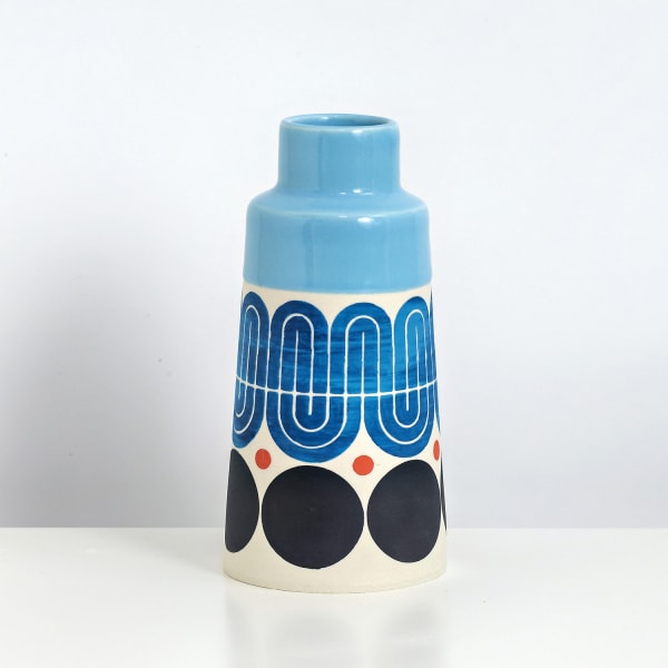 MapMap ceramic cone bottle vase with scandi-inspired stencil design in blue black and red