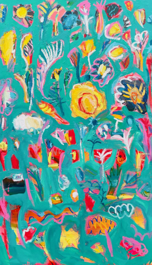 Emily Powell bright oil on canvas painting of semi-abstract flowers