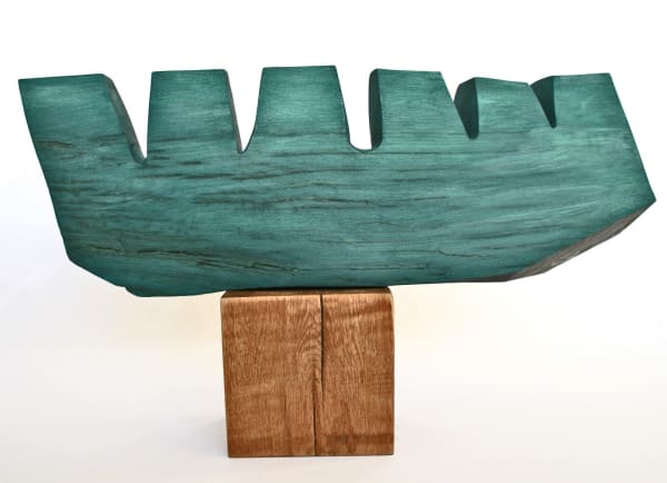 Caroline Saunders hand carved abstracted oak sculpture in green and natural wood
