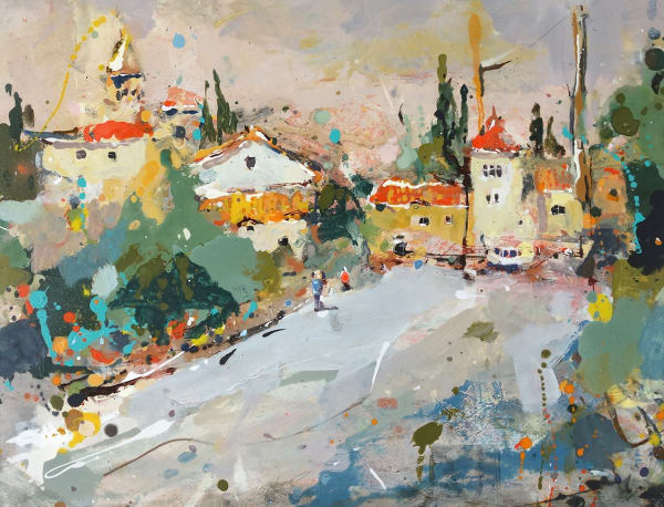 Andrew Hood painting, abstracted view of road leading into a coastal town, buildings in the distance with terracotta rooves and surrounded by leafy trees.