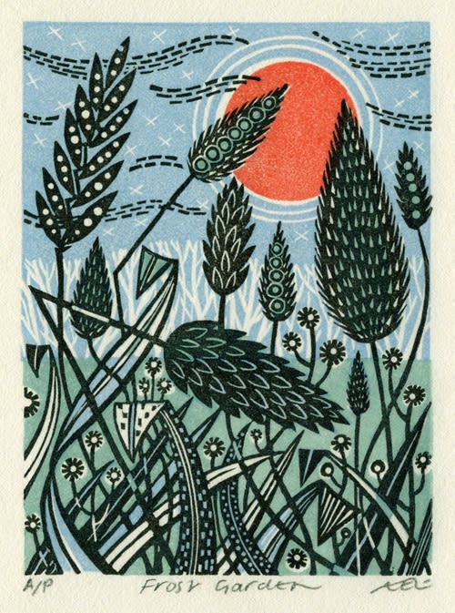 Angie Lewin wood engraving of teasels and grasses in black with a bright orange low sun and mid blue sky