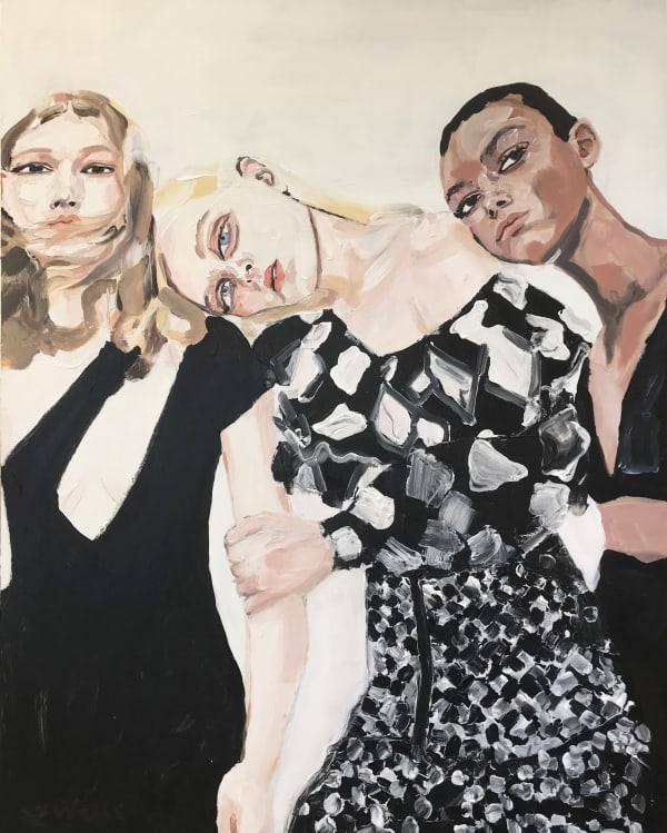Veronica Wells painting of three girls in different black and white party dresses