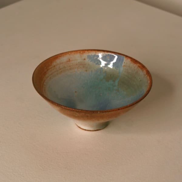 Atilla Olah ceramic mini bowl in a variety of blue, green, grey and copper glaze colours