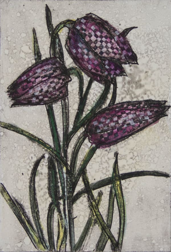 Vicky Oldfield print of a close up perspective showing purple fritillary flowers.