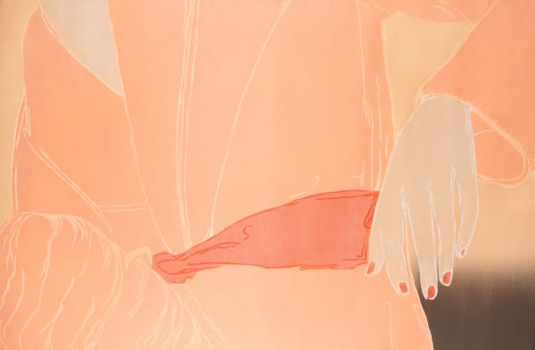 Zelga Simone Miller woodcut of a feminine figure's torso in a pale pink kimono style dress
