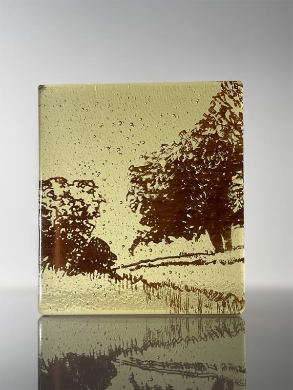 Helen Slater glass block with light yellow glass and sepia drawing cast in centre.