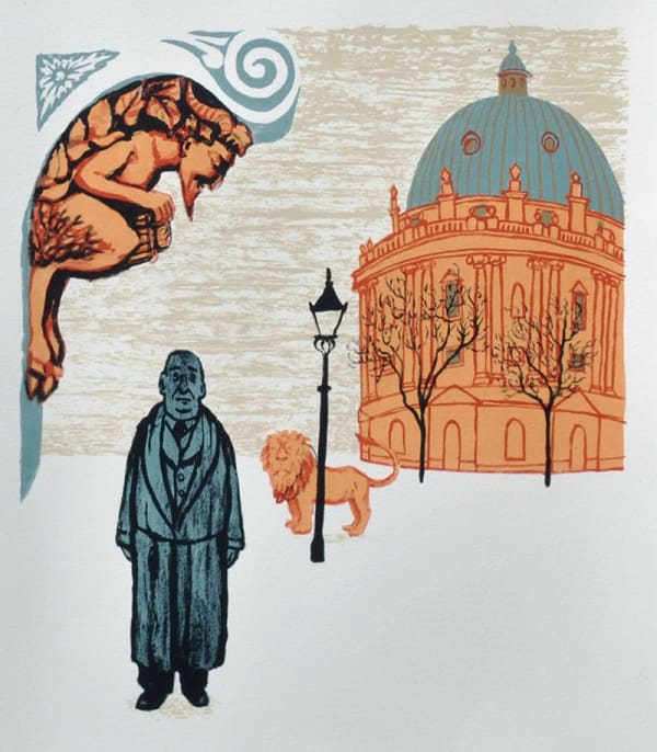 Mychael Barratt print of the author standing looking up to a gargoyle, the Radcliffe camera in the background along with a lamp pots and a lion.