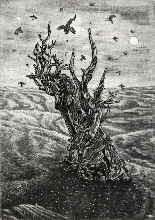 Ade Adesina print in black and white of a dead tree in the desert, winged fish circling above with 3 small moons in the background.