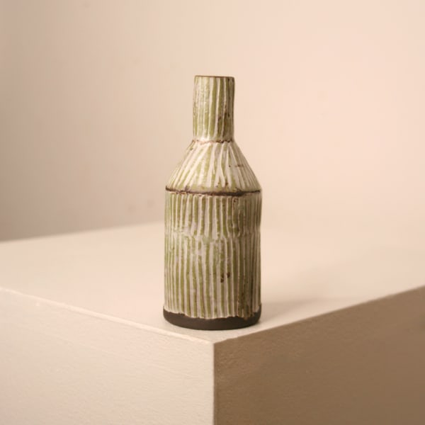 Elly Wall stoneware ceramic bottle vase with sage and white glazed stripes