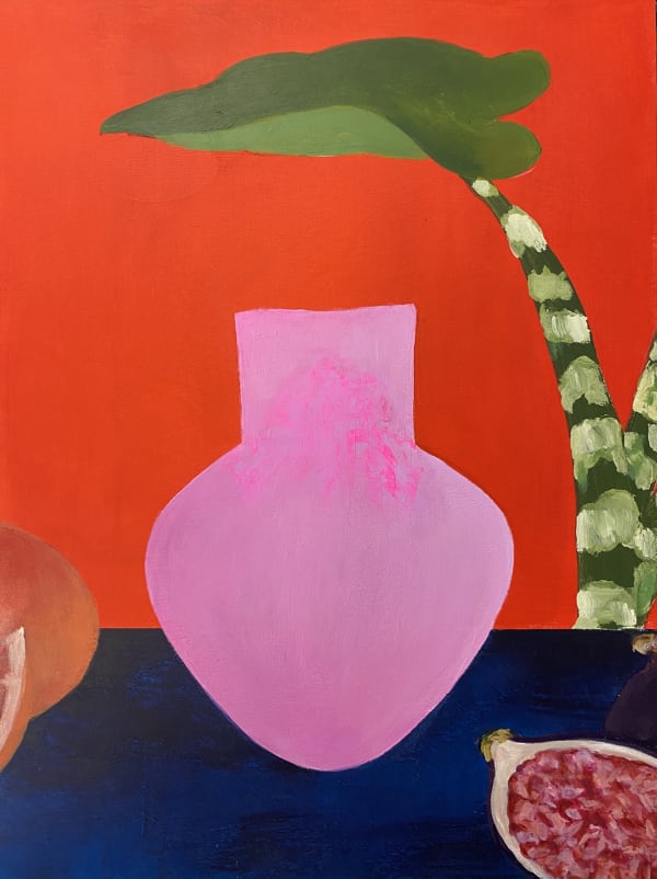 A small painting by Dawn Beckles of a pink vase on a table against an orange background, an exotic fruit in the foreground on the right and a big leafed plant behind the vase on the right.