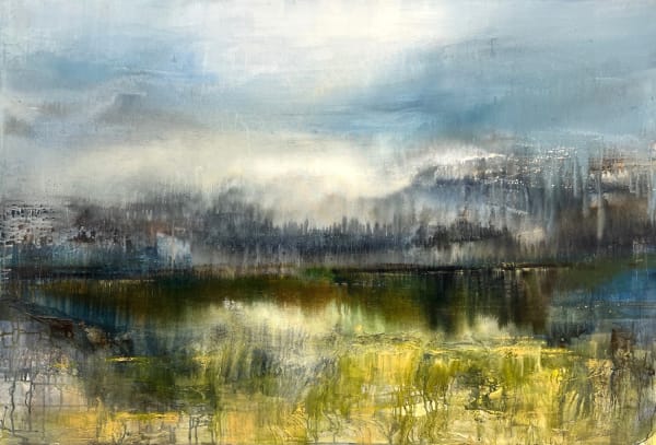 Bee Bartlett semi-abstracted landscape of a horizon with greenery, in greens, blues and greys