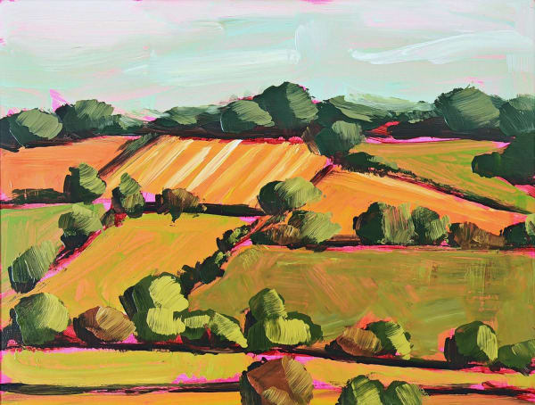 Belinda Millar painting on canvas of the Chilterns, Oxfordshire, showing the rolling hills in greens, golds and pinks in a ladnscape orientation