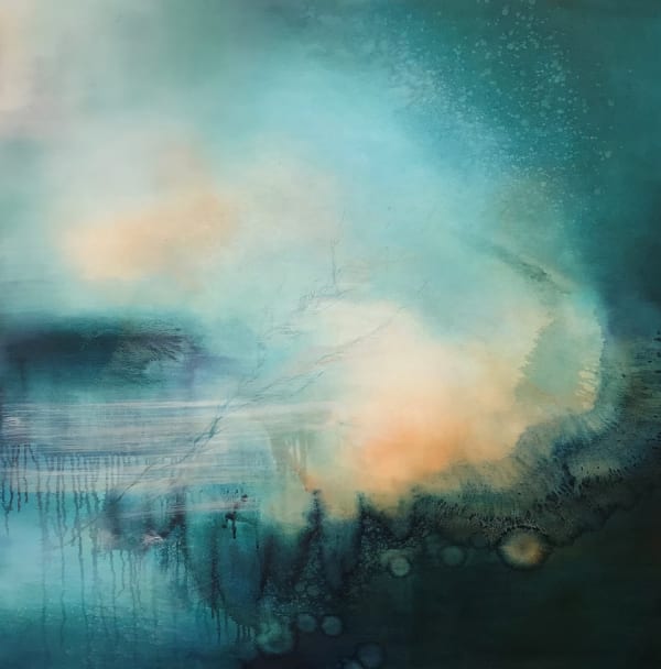 Amy Albright semi-Abstract coastal scene in teal blues with a warm setting sun