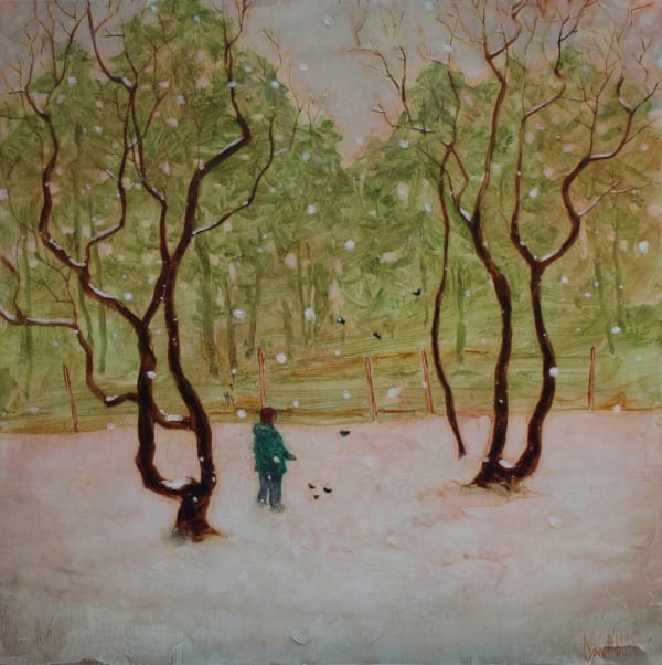 Daniel Ablitt winter landscape, a person standing in a forest clearing feeding small birds, a pink hue to the snow in the foreground and a pale green forest
