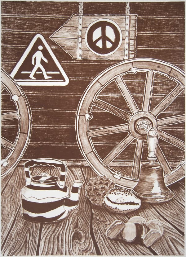 Ade Adesina tonal brown and white print showing a spinning wheel, sea shells, a tea pot and road signs