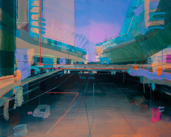 Christopher Farrell cityscape semi-abstract painting of Holborn in vibrant pinks, purples, blues and orange