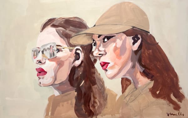 Veronica Wells figurative portraits of two women posed in an editorial style looking over their shoulders to the left, one wears a beige cap and the other wears aviators, both in beige coats